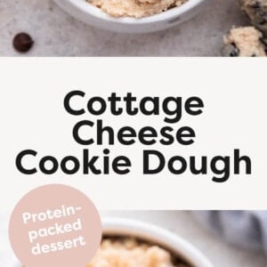 Biscuit dough with cottage cheese in a bowl with a spoon taking a tablespoon.