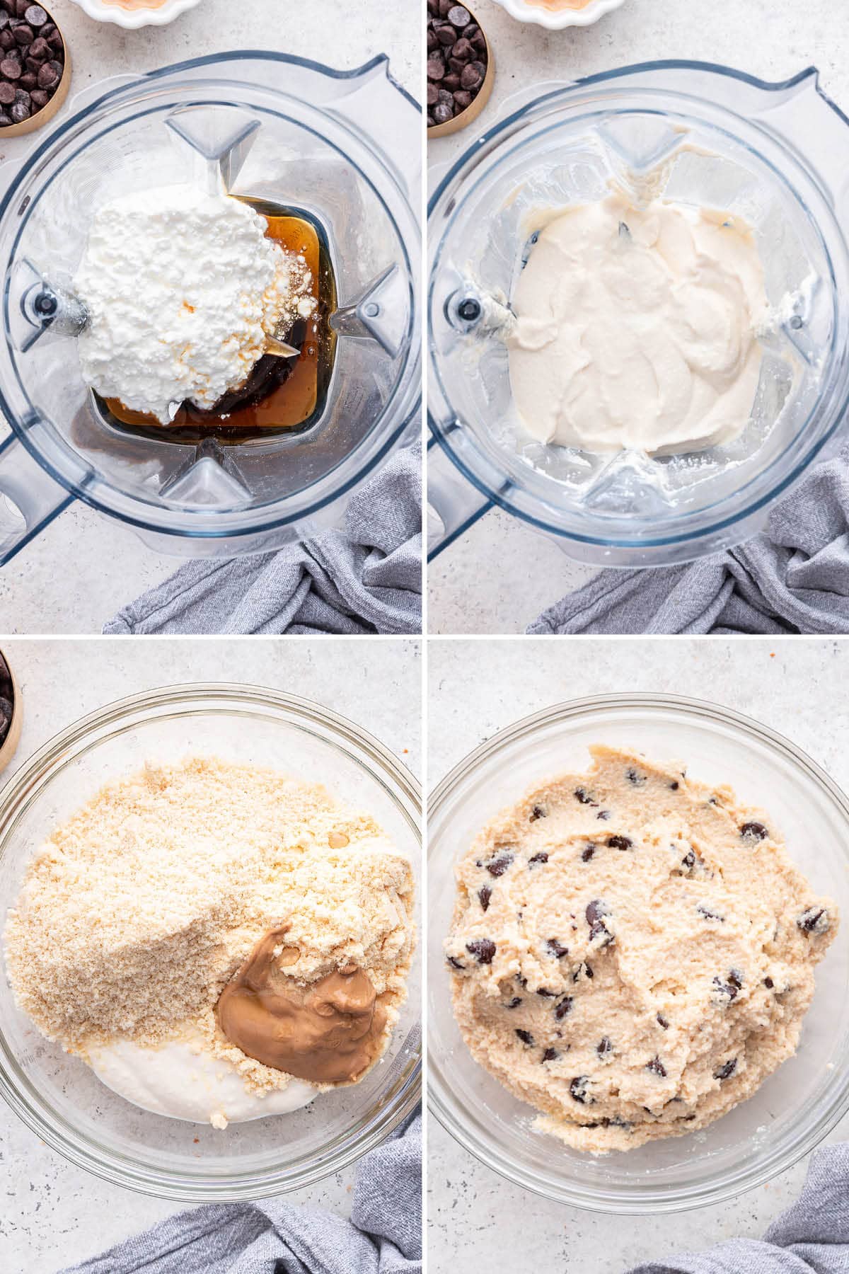 Collage of four photos showing the steps to make cottage cheese cookie dough: mix maple syrup and cottage cheese together, then add almond flour, chocolate chips and peanut butter.