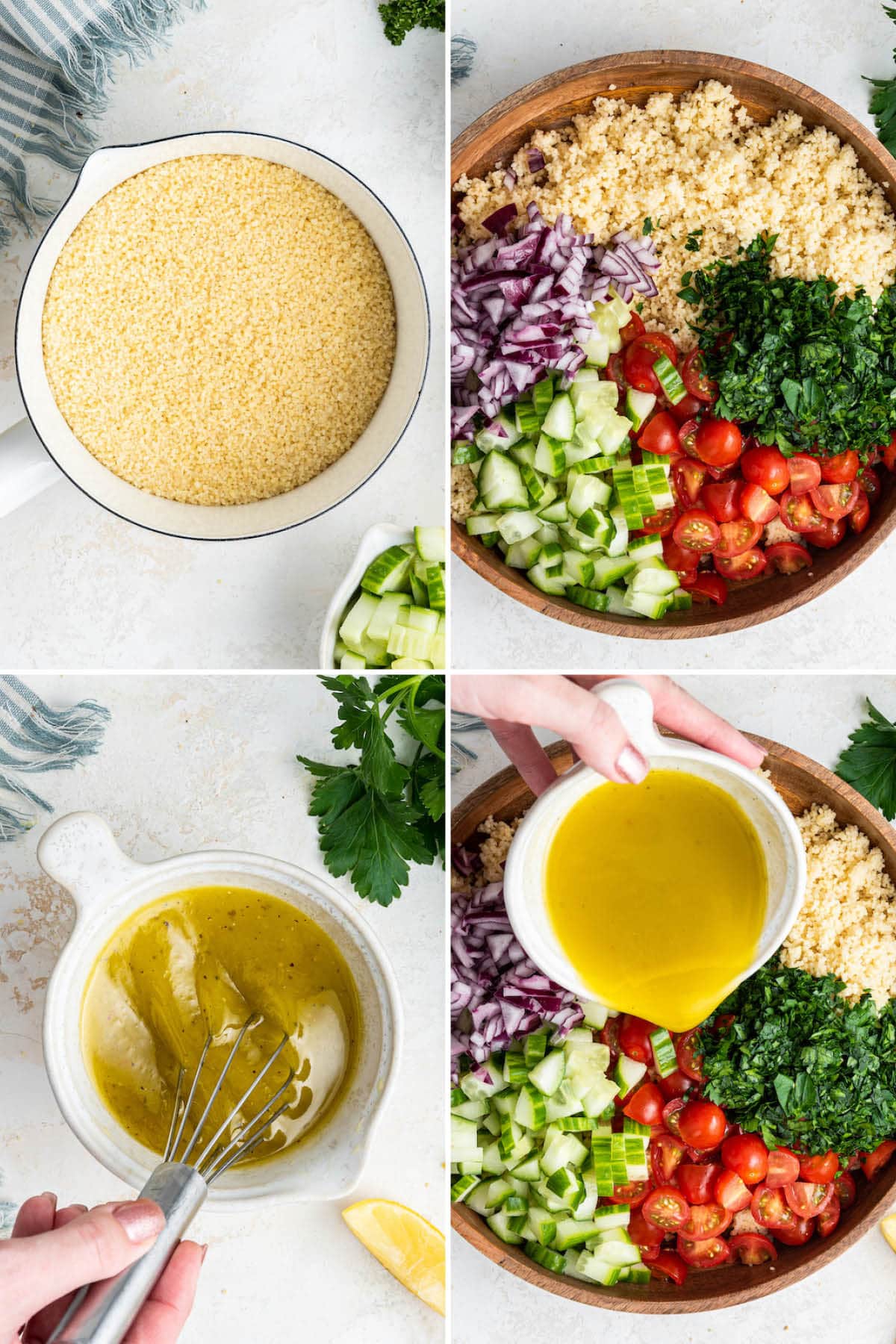 Collage of four photos showing how to make a couscous salad: cook the couscous, add vegetables to a bowl with couscous, whisk the dressing, and then pour the dressing over the salad.