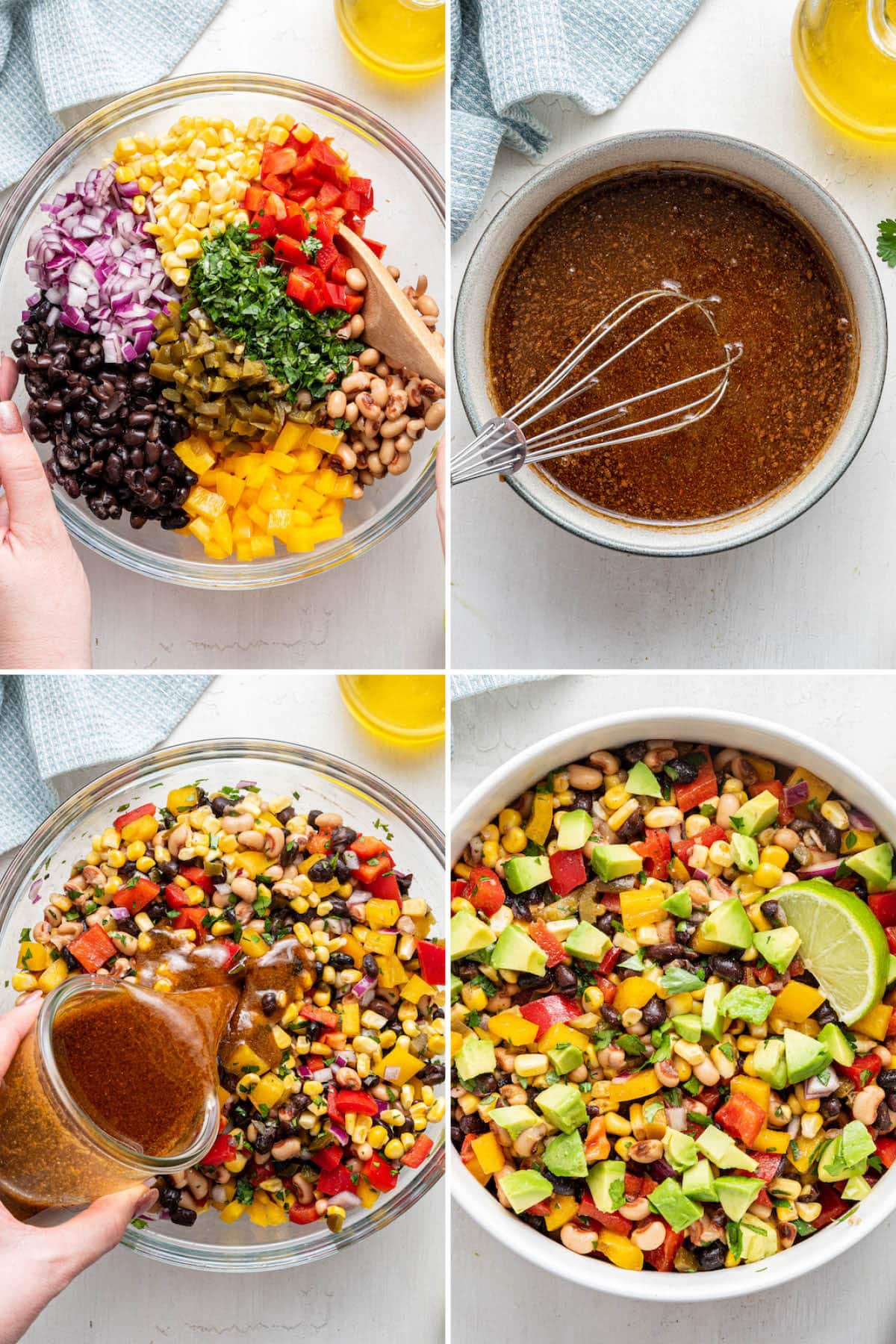 Collage of four photos showing the steps to make Cowboy Caviar: tossing veggies and beans, whisking a dressing, pouring dressing on Cowboy Caviar and then garnishing with avocado, cilantro and lime.