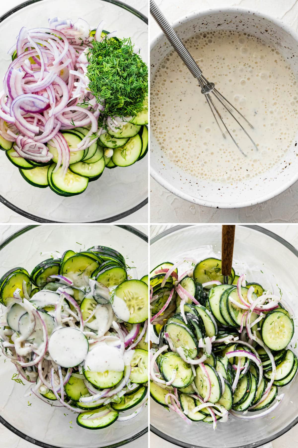 Collage of four photos showing the steps to make a creamy cucumber salad: add onion, cucumber, and dill to a bowl, whisk together a Greek yogurt dressing, then toss the salad together.