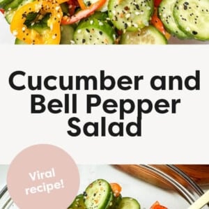 Cucumber and bell pepper salad in a clear mixing bowl with a gold fork.