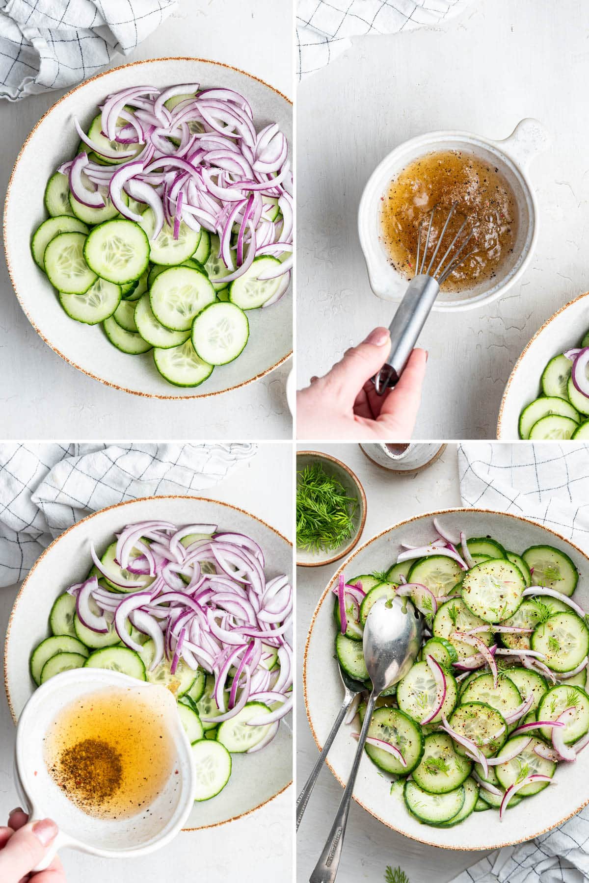 Collage of four process photos showing how to make a cucumber salad: tossing red onions and cucumbers into a bowl with homemade dressing.