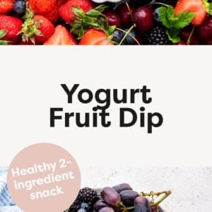Photos of fruit on a platter with a bowl of Yogurt Fruit Dip.
