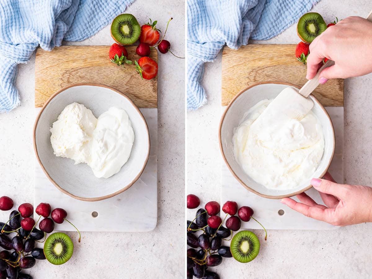 Side by side photos of greek yogurt and cool whip being mixed together to make Yogurt Fruit Dip.