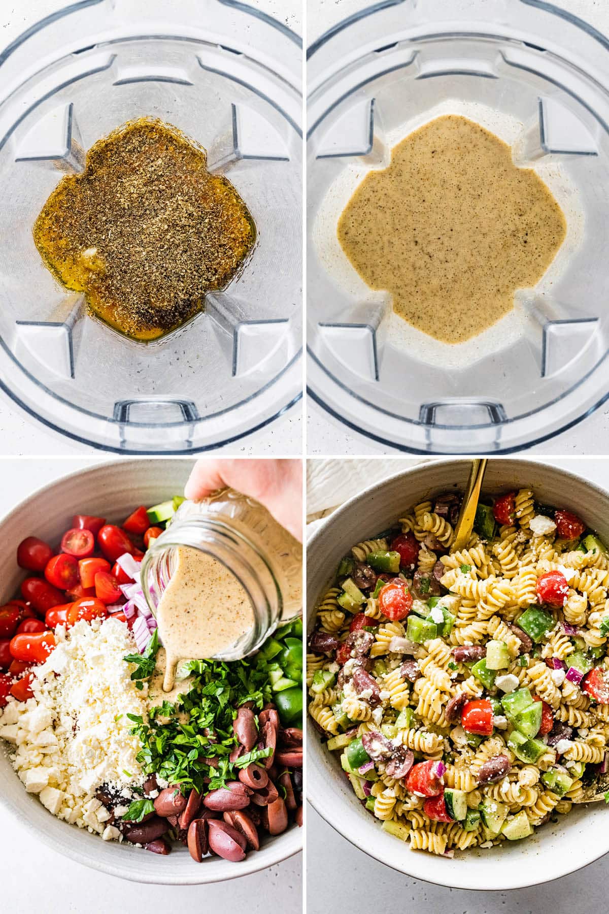 Collage of four photos showing the process for making Greek pasta salad: mixing the Greek dressing, pouring the dressing over the pasta salad ingredients, and then tossing the salad together.