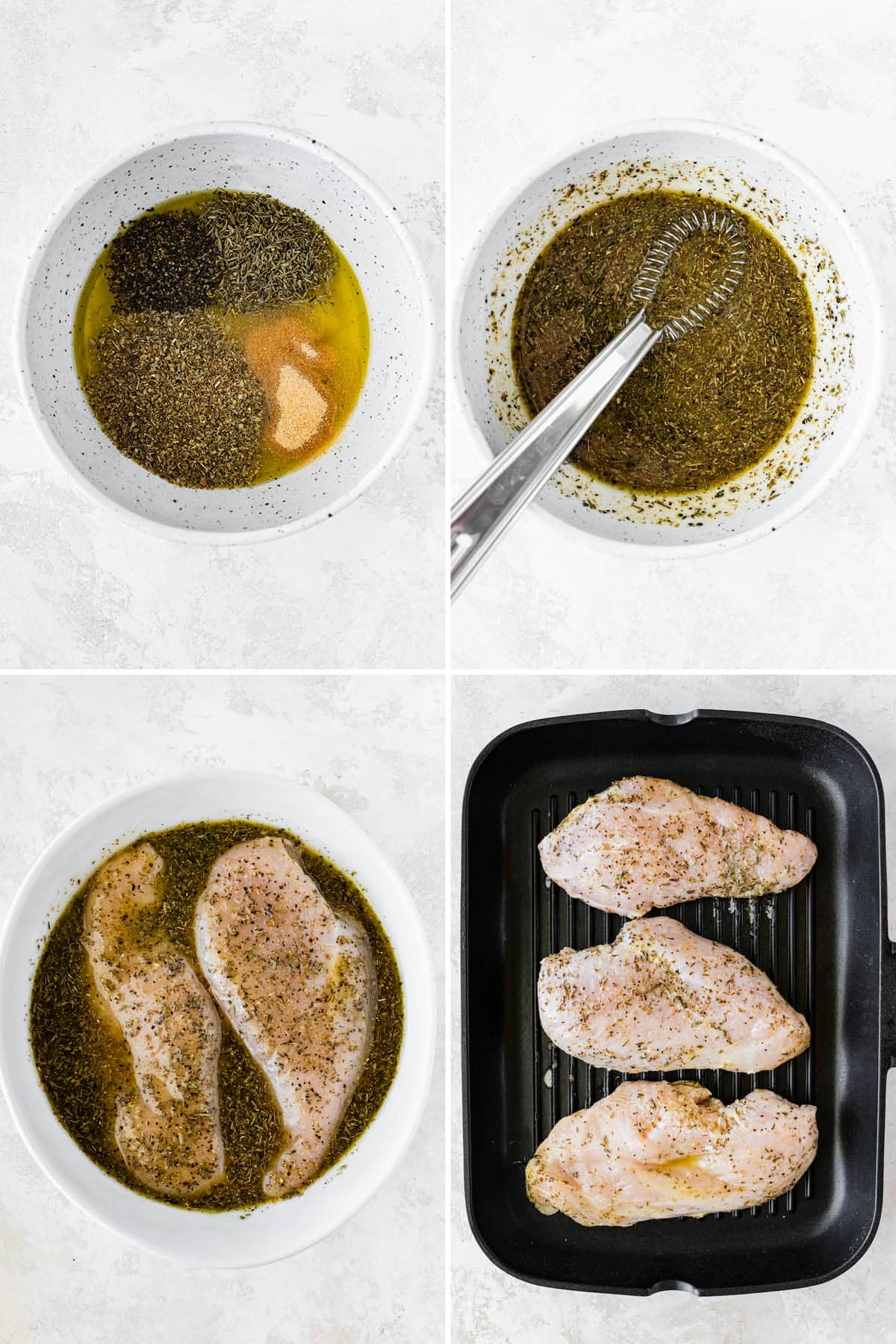 Collage of four photos showing the process to make Grilled Chicken Breasts: marinating the chicken and then grilling it.
