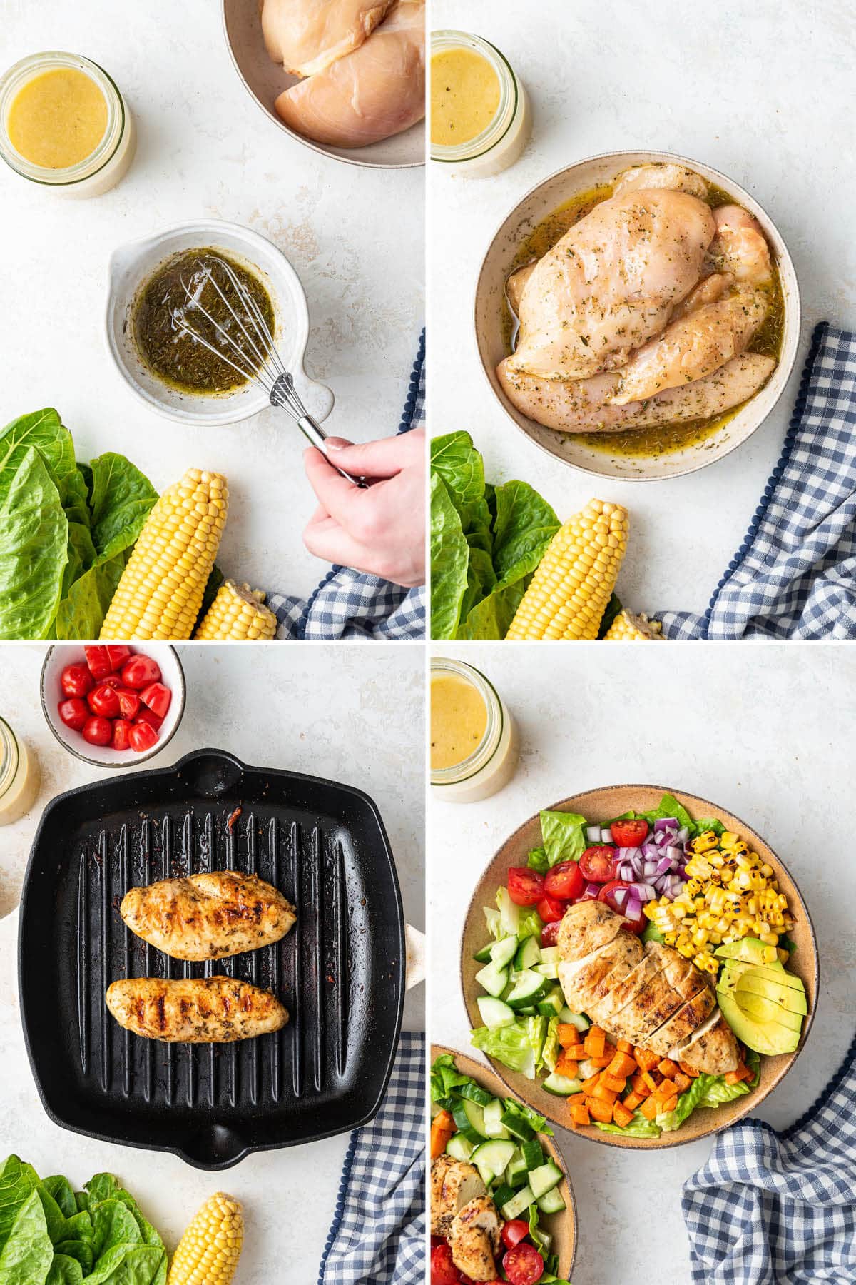 Four process photos showing how to make Grilled Chicken Salad: marinating the chicken, grilling the chicken and then assembling the salad.