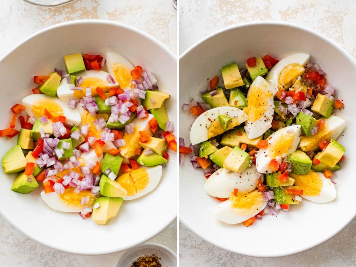 Side my side photos of the ingredients to make Hard Boiled Egg and Avocado Bowl, before and after being tossed.