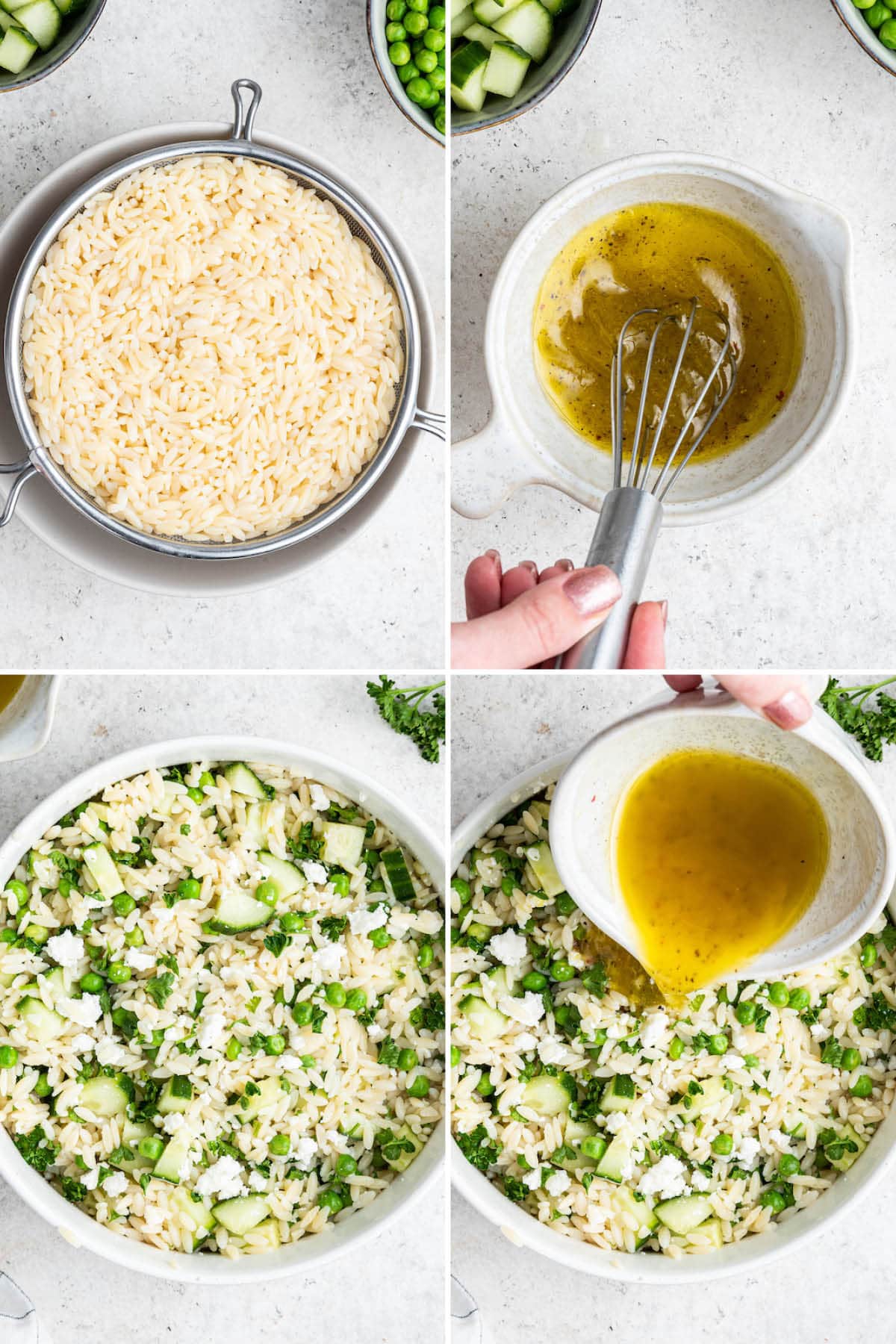 A 4 collage graphic showing how to make the lemon orzo salad.