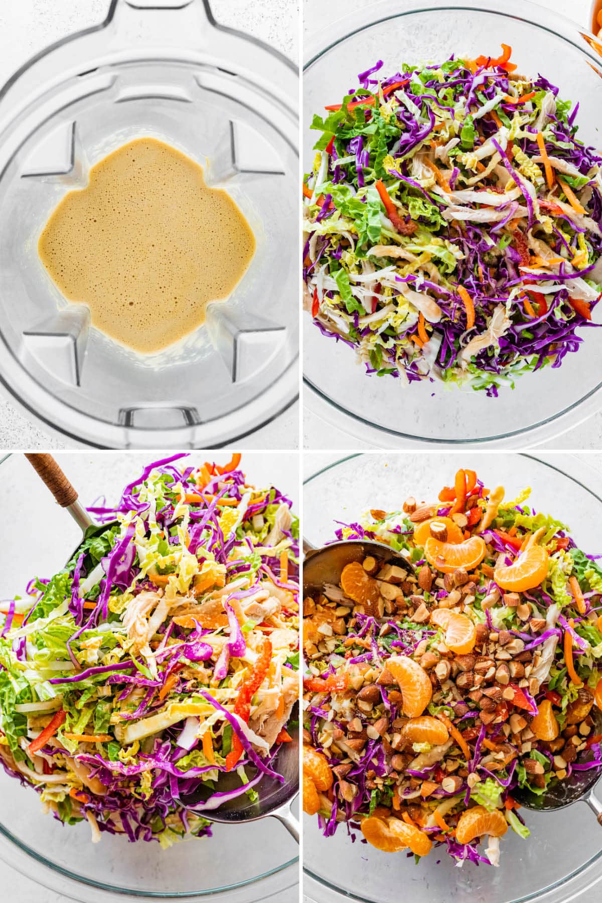 Collage of four photos showing the process to make Mandarin Orange Chicken Salad: making a ginger sesame dressing, and then tossing cabbage with veggies, chicken, mandarin oranges and almonds.