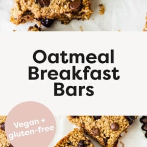 Oatmeal Breakfast Bars with a bite taken out of one, and bars spread out on a counter.