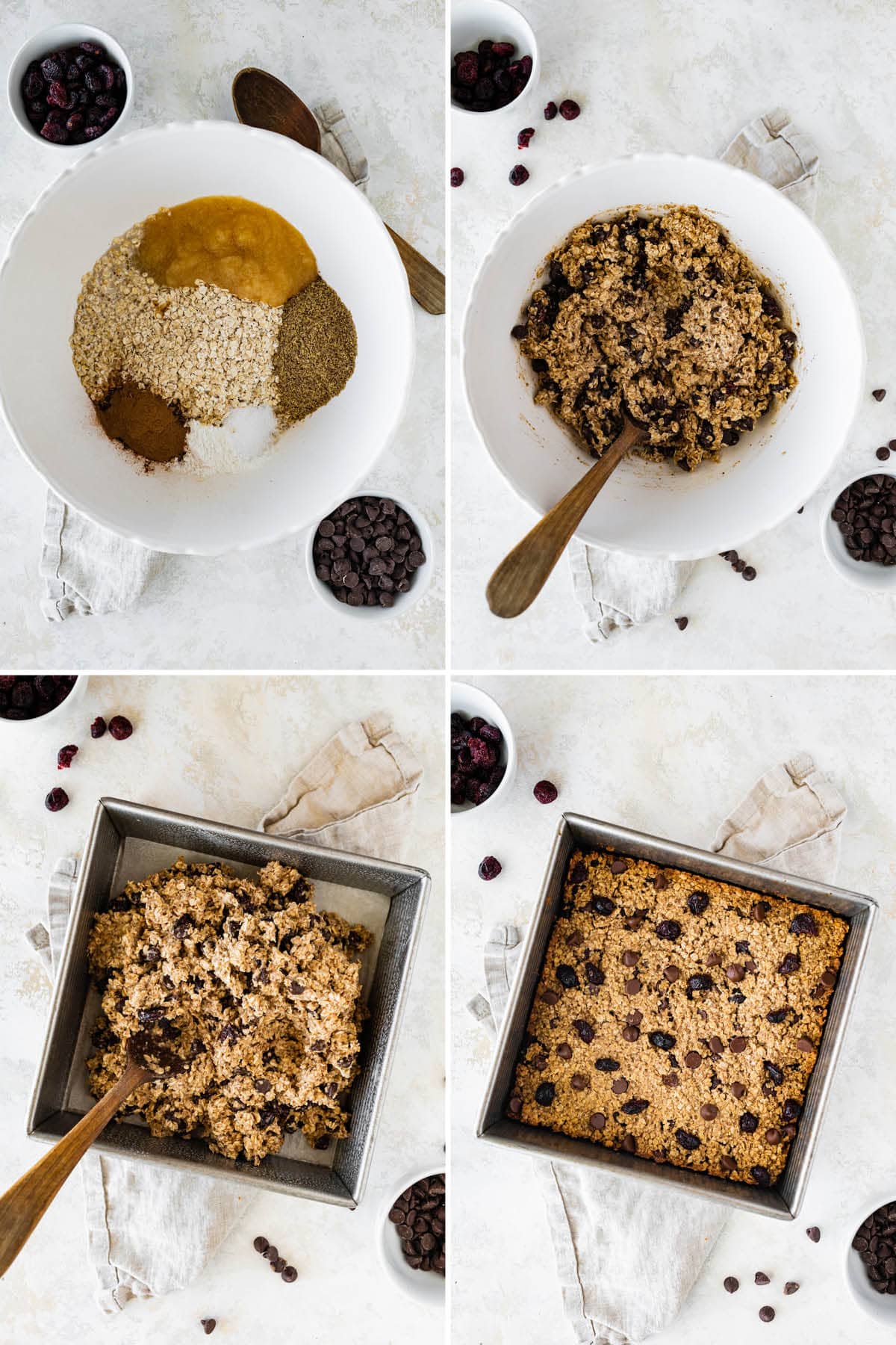 Collage of four photos showing how to make Oatmeal Breakfast Bars: mixing batter and then baking in a pan.