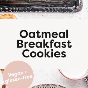 Oatmeal Breakfast Cookies-- one with a bite taken out of it, and photo of four on a plate.