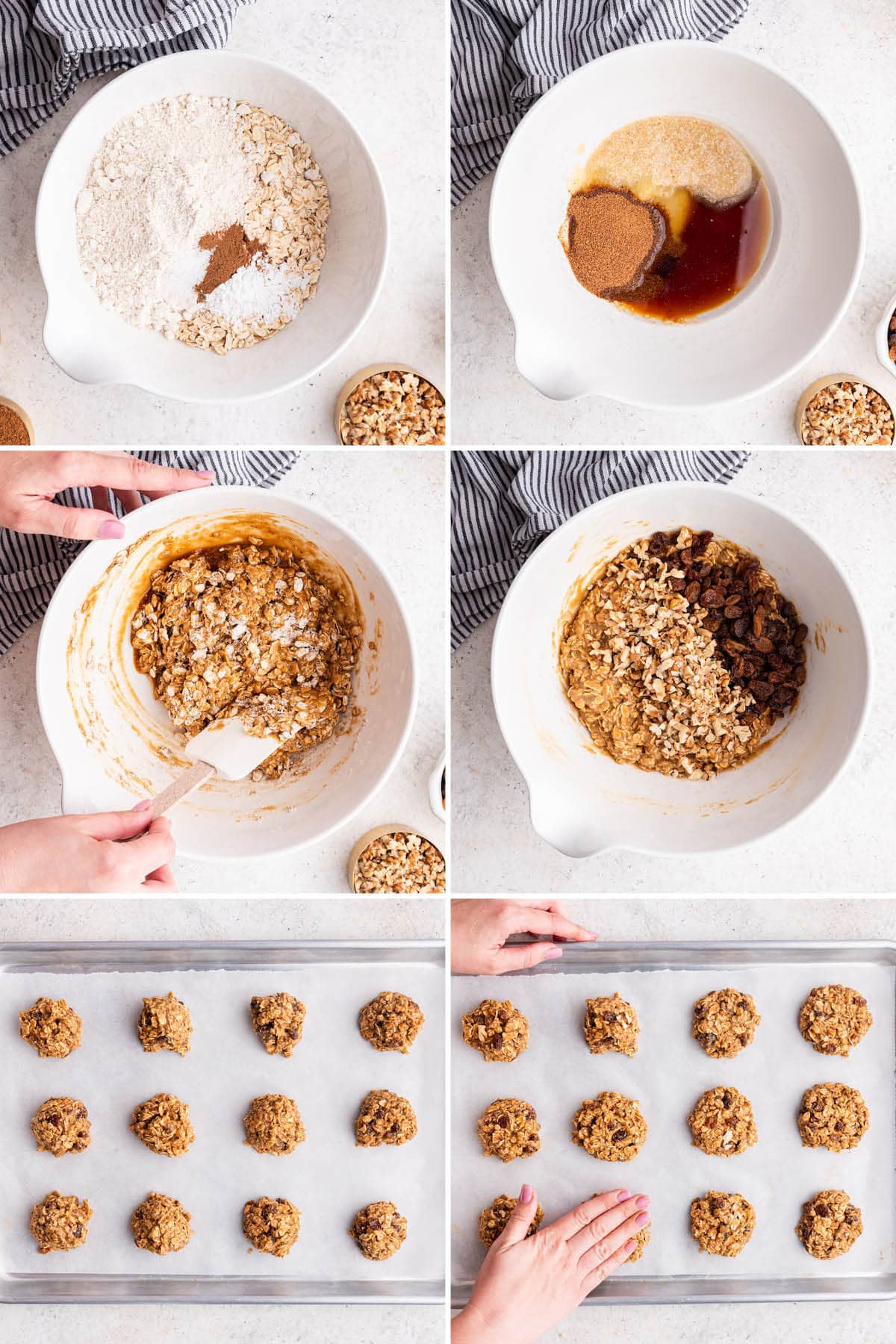 Collage of six photos showing how to make Oatmeal Breakfast Cookies: mixing the cookie dough, adding scoops to a cookie sheet and then pressing down the dough.