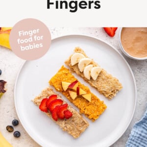 Plate of three different oatmeal fingers topped with chopped fruit.