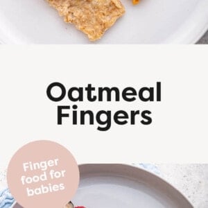 Plate of three different oatmeal fingers topped with chopped fruit. Photo below is of one oatmeal finger with nut butter, and chopped fruit beside it.