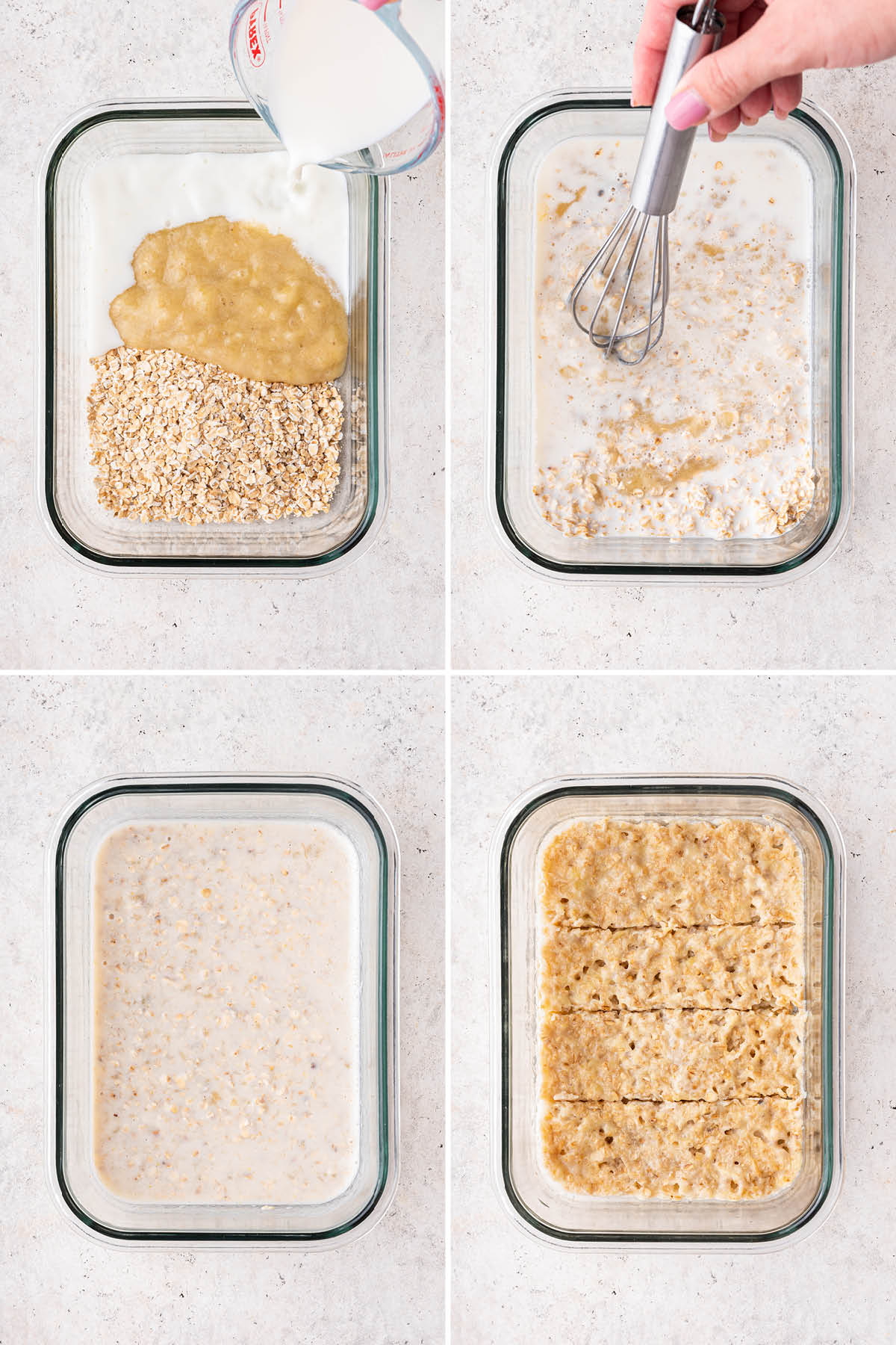 Collage of four photos showing how to make Oatmeal Fingers-- mixing banana, milk and oats, setting up and then cutting into fingers.