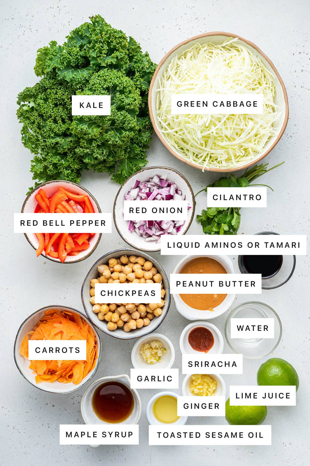 Ingredients measured out to make Kale & Cabbage Pad Thai Salad: kale, green cabbage, red bell pepper, red onion, cilantro, liquid aminos or tamari, chickpeas, peanut butter, carrots, garlic, sriracha, water, maple syrup, ginger, toasted sesame oil and lime juice.