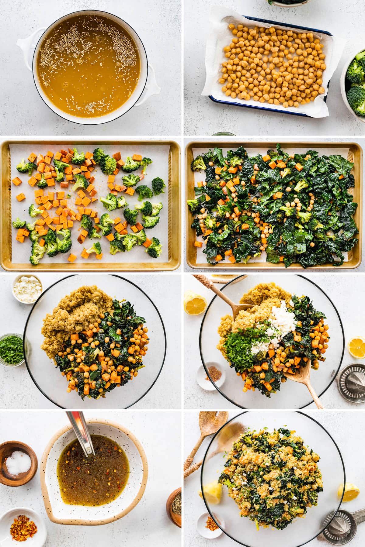 Collage of 8 process photos showing how to make Roasted Broccoli Salad: roasting chickpeas, kale and broccoli and tossing the veggies with quinoa, dressing and feta.