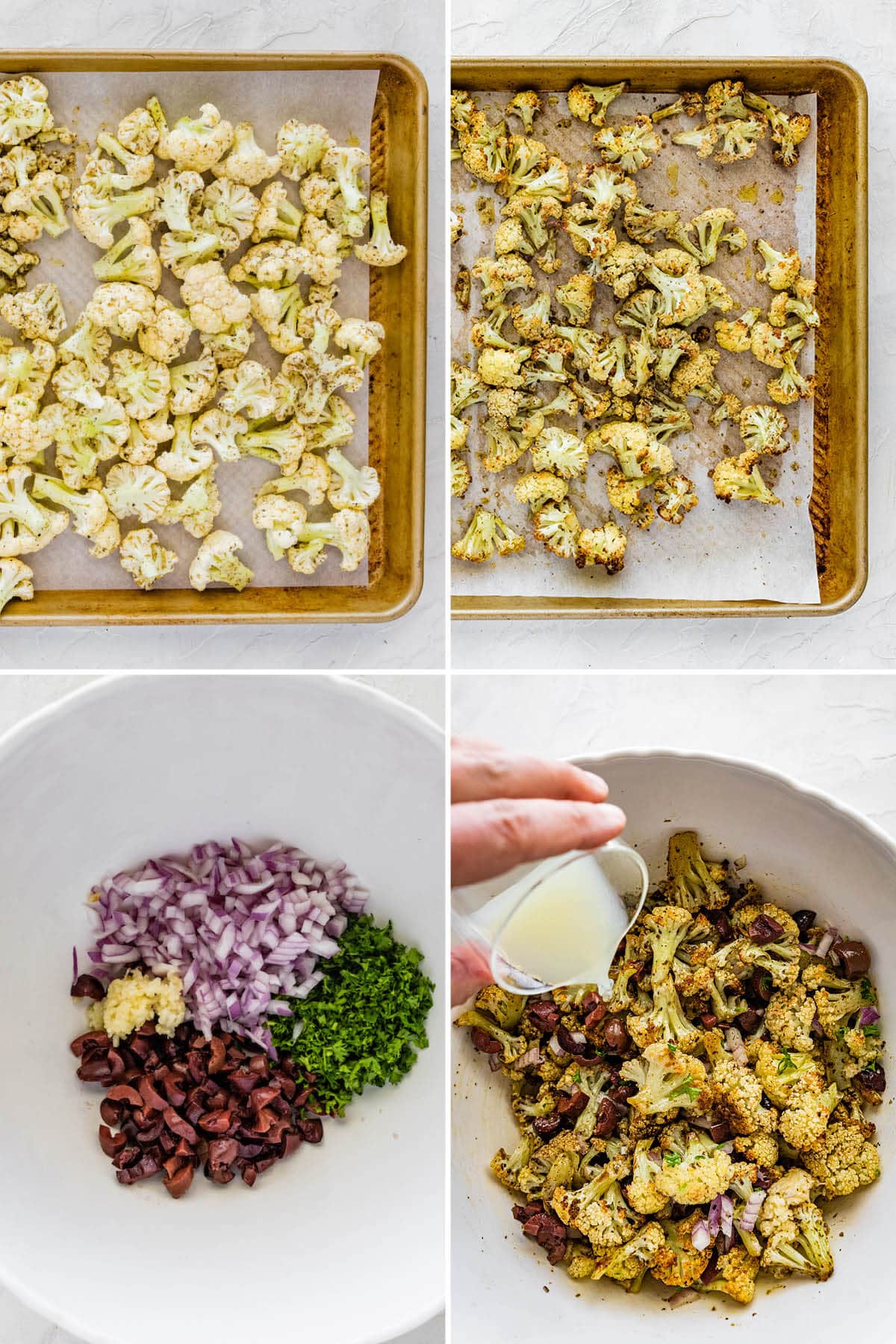 Collage of four photos showing the steps to make a roasted cauliflower salad: roast the cauliflower, then toss it with onion, herbs, olives, and lemon juice.