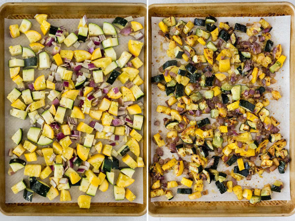 Side by side photos of zucchini and squash on a sheet pan, before and after being roasted.