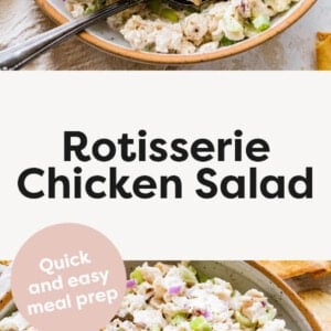 Photos of bowls of chicken salad with a spoon and crackers.