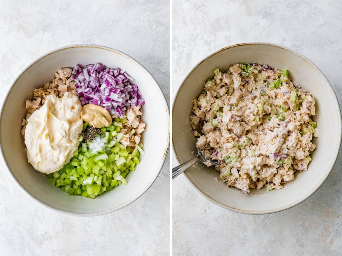 Side by side photos of a bowl with ingredient to make Rotisserie Chicken Salad, before and after being mixed.