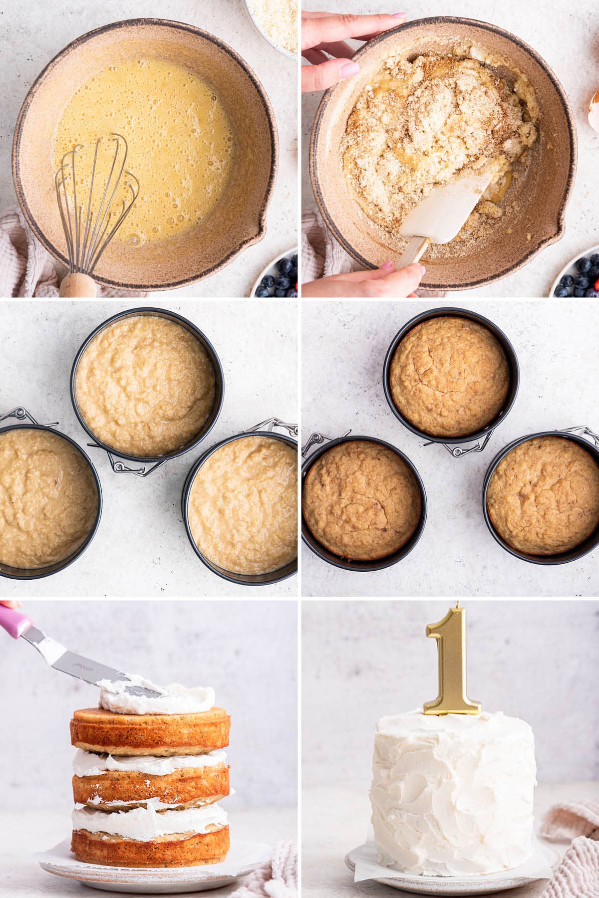 Collage of six photos showing how to make a Healthy Smash Cake: mixing the batter, baking three mini cake layers, and then frosting the cake.