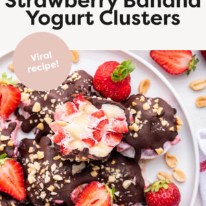 Chocolate strawberry banana yogurt clusters on a large white plate.