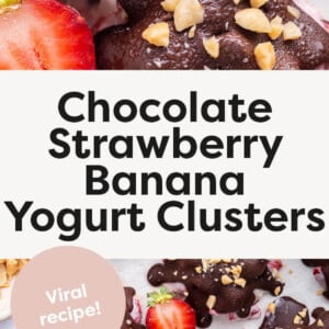 Chocolate strawberry banana yogurt clusters-- one has a bite taken out of it, and some are on parchment paper.