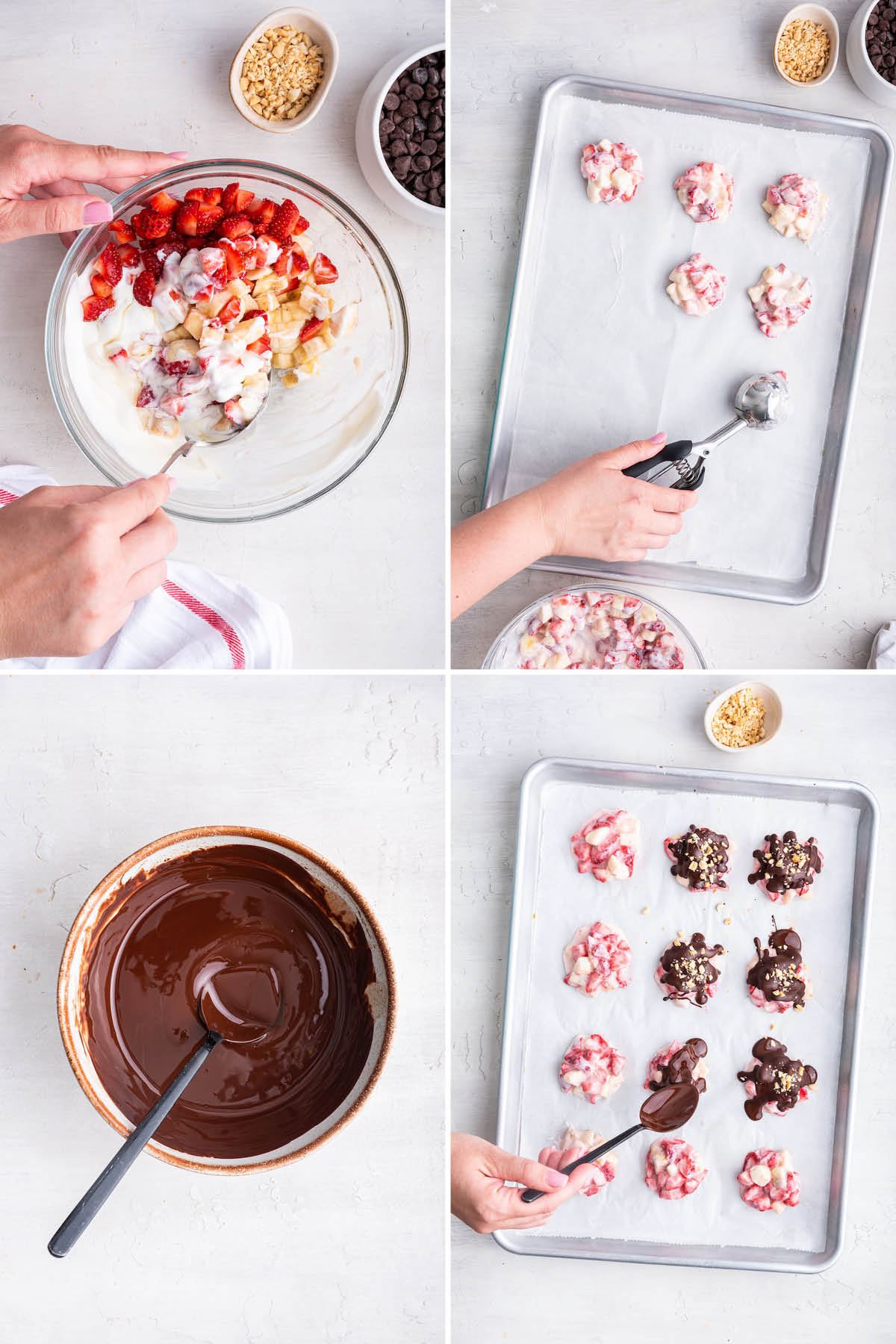 Collage of four photos showing the steps to make Chocolate Strawberry Banana Yogurt Clusters: scooping the strawberry banana mixture onto a cookie sheet and topping with melted chocolate and peanuts.