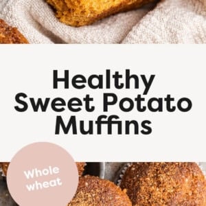 Healthy Sweet Potato Muffins-- one has a bite taken out of it.