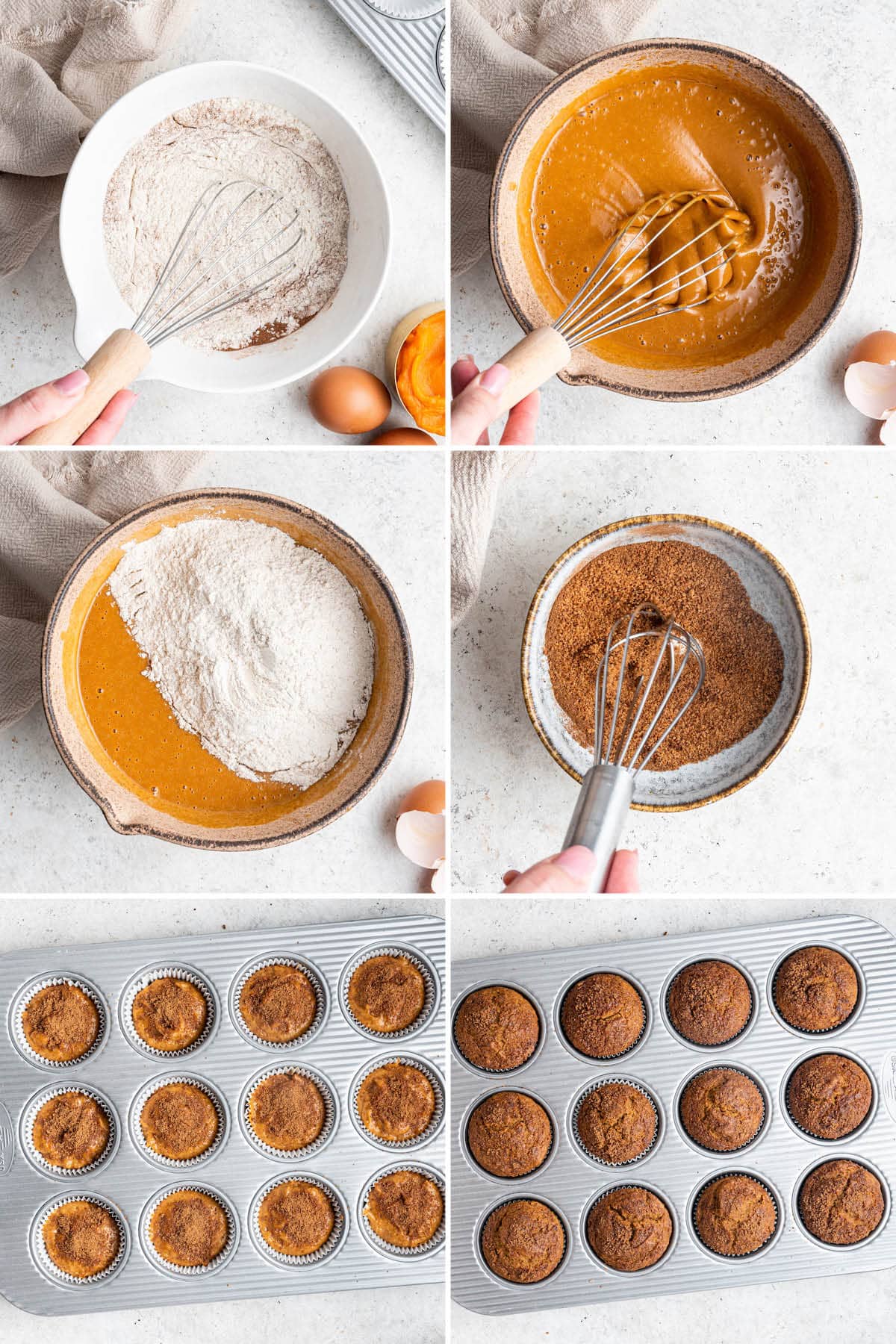 Collage of six photos showing how to make Healthy Sweet Potato Muffins: mixing the batter and then baking the muffins and topping with cinnamon sugar.