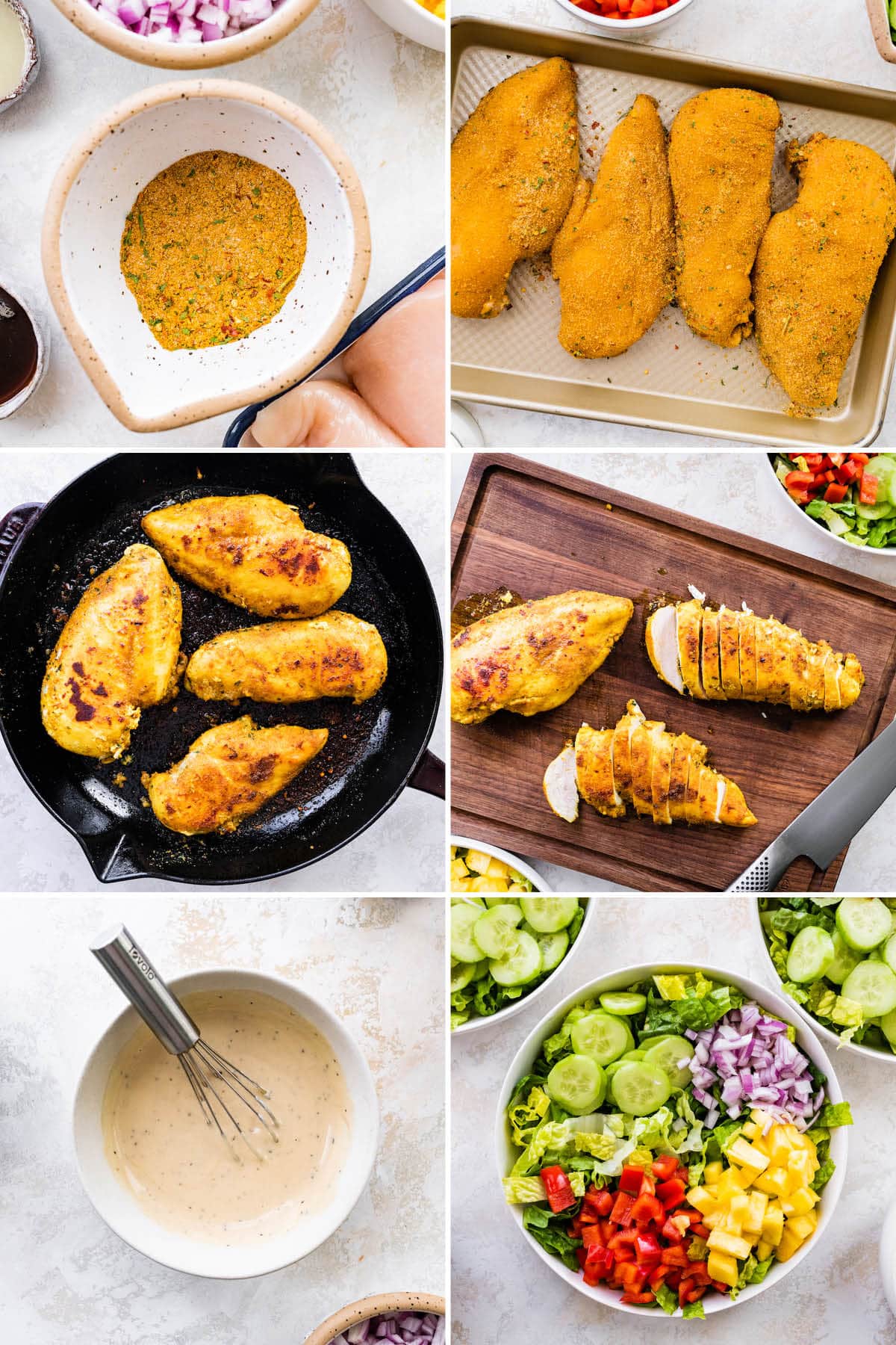 Collage of six photos showing the steps to make Thai Curry Chicken Salad: cooking the curry-rubbed chicken, making a creamy dressing and assembling the salads.