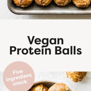 Vegan Protein Balls on a sheet pan and in a bowl.