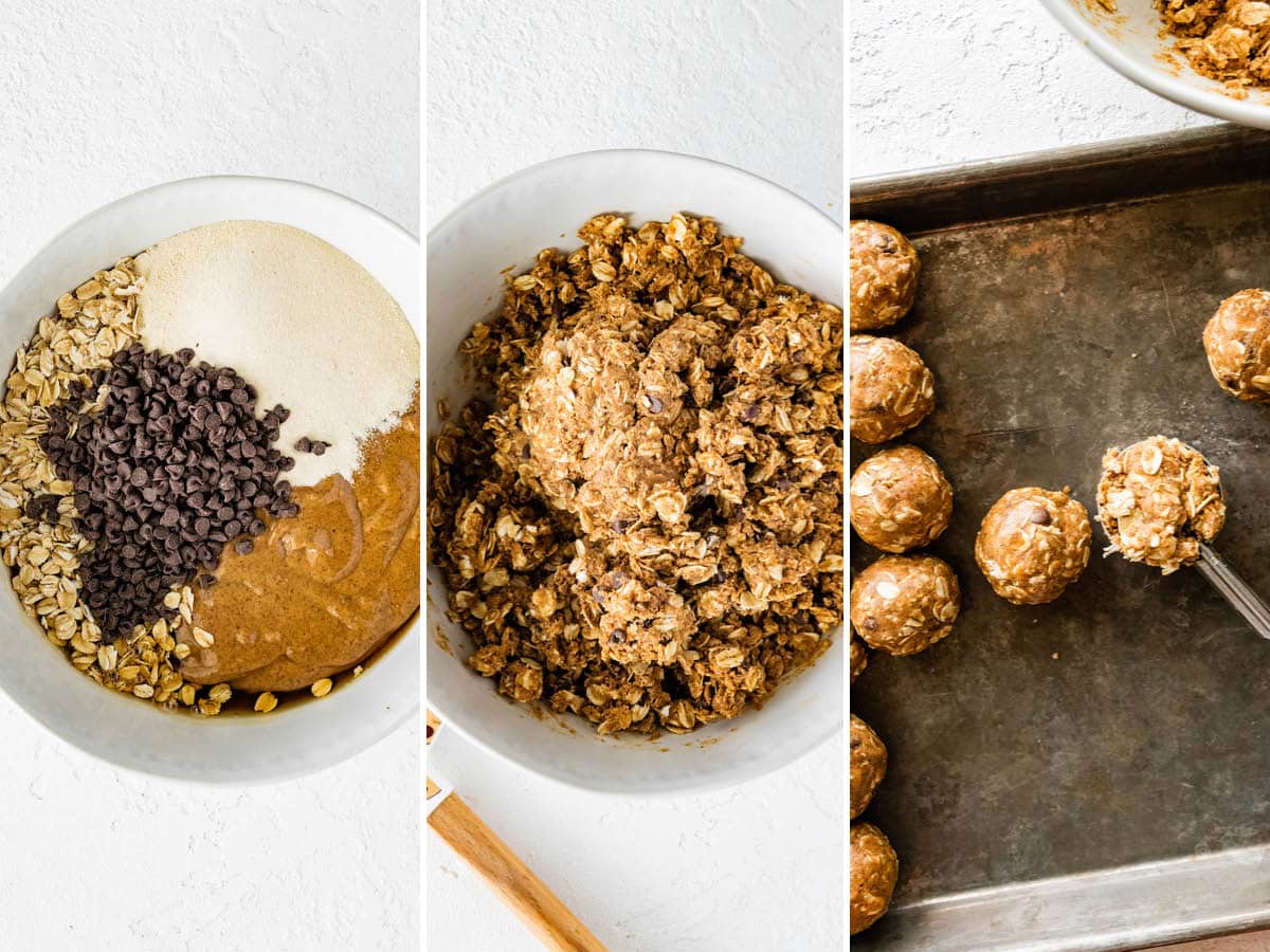 Collage of three photos showing how to make Vegan Protein Balls by mixing the ingredients together and rolling into balls.