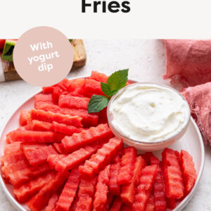 Plate of watermelon fries with fruit dip.