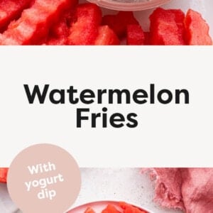 A watermelon fry bring dipped into fruit dip. Photo below: Plate of watermelon fries with fruit dip.