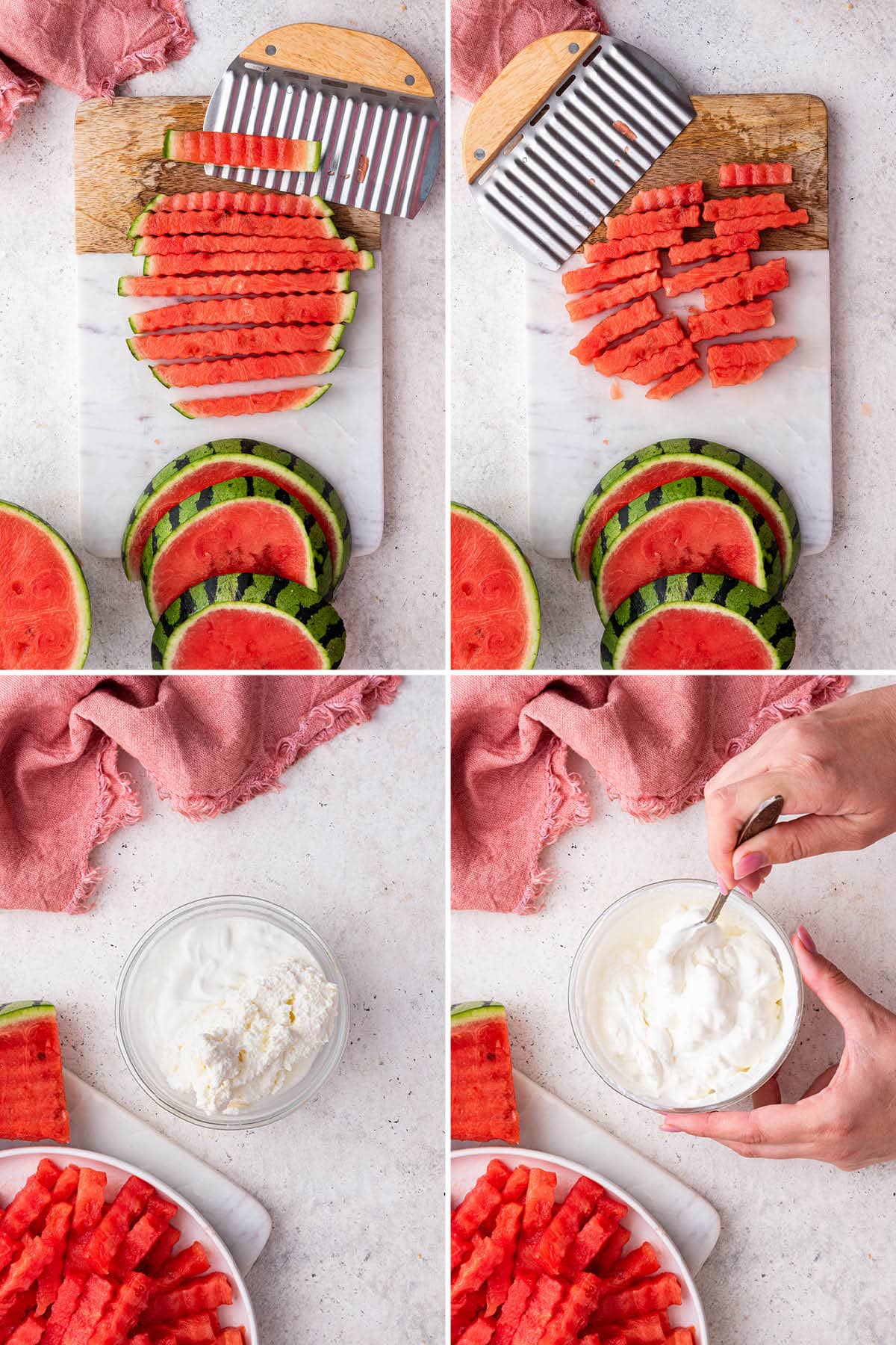 Collage of four photos showing how to make Watermelon Fries: crinkle cutting watermelon into fry shapes, and then stirring together yogurt and whipped topping to make a fruit dip.