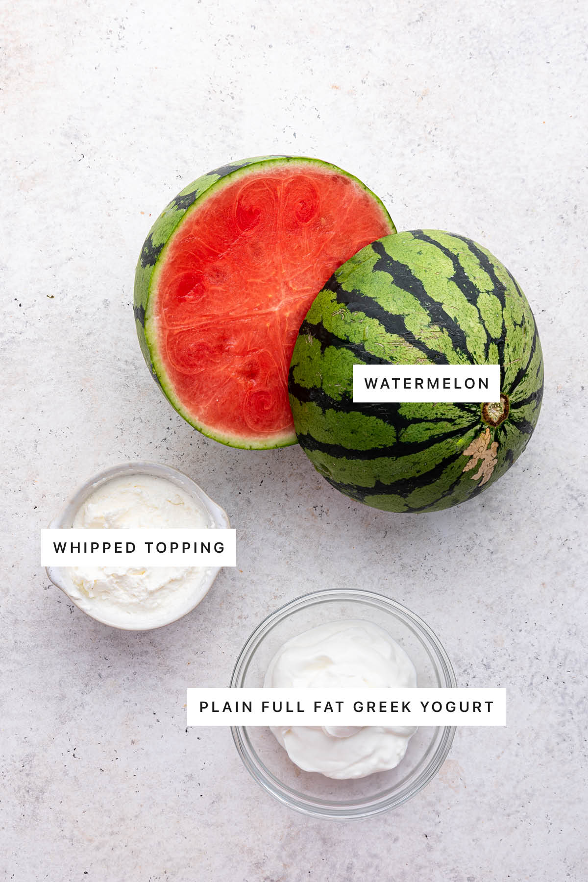 Ingredients measured out to make Watermelon Fries: watermelon, whipped topping and Greek yogurt.