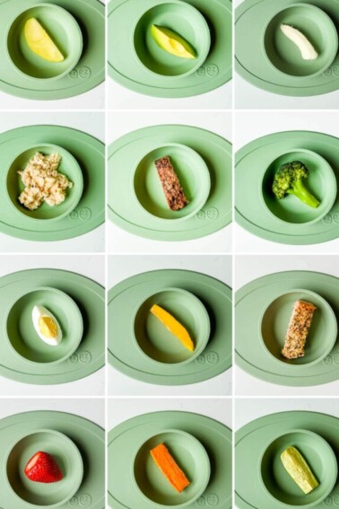 Collage of 12 photos showing foods good for baby led weaning: apple, avocado, banana, beans, beef, broccoli, egg, mango, salmon, strawberry, sweet potato and zucchini.