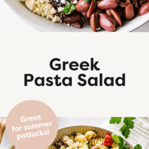 Two photos of the Greek pasta salad. Top image is the dressing being poured over the Greek pasta salad and the bottom photo is the Greek pasta salad in a large white serving bowl.