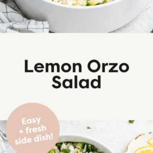 Two images of lemon orzo salad: Top photo is the dressing being poured over the salad and the bottom photo is the lemon orzo salad in a white serving bowl with metal serving spoons.