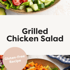 Grilled chicken salat with corn, avocado, red onion, tomatoes, cucumber and sweet potatoes.