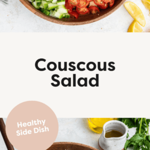 Dressing is poured over a couscous salad and a photo of a bowl of couscous salad with serving spoons.