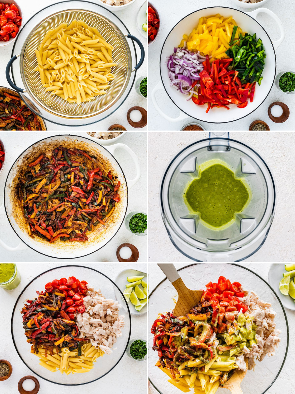 Collage of six photos showing the steps to make Chicken Fajita Pasta Salad: cooking the pasta, cooking the peppers and onions, making the cilantro lime dressing and then tossing the veggies, chicken, pasta and dressing together.