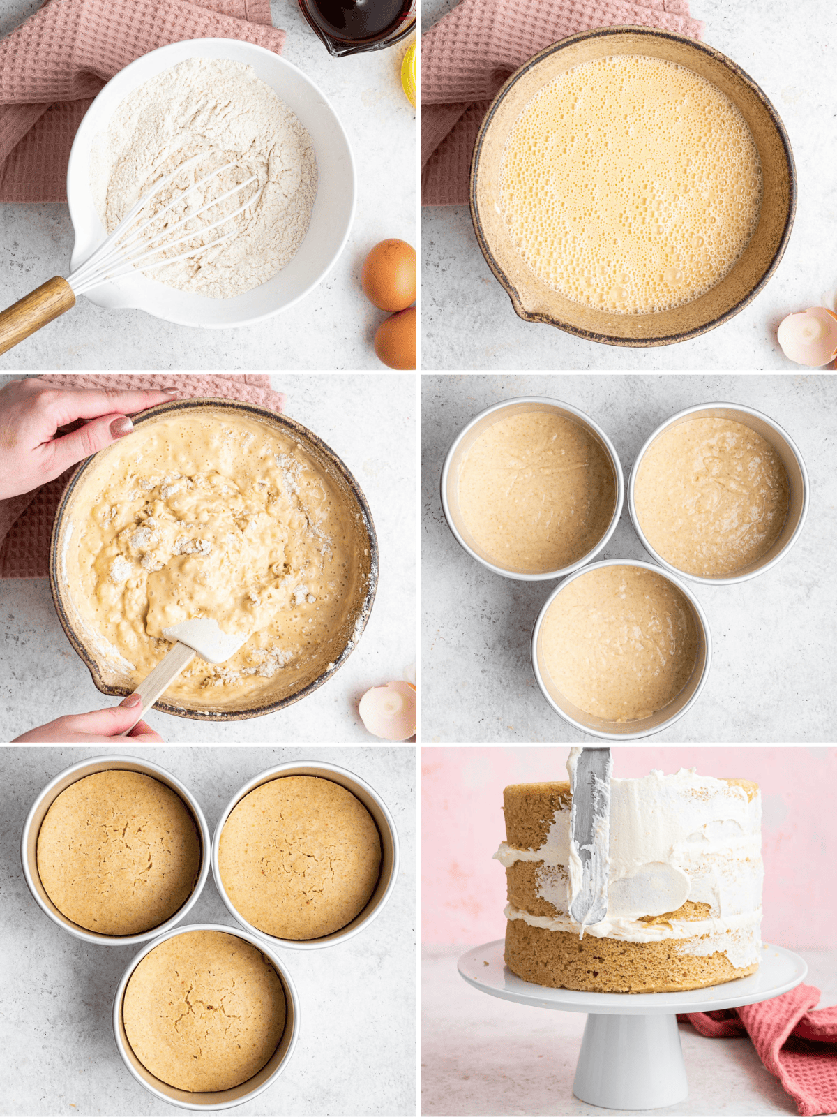 6 photo collage showing how to make the healthy vanilla cake.