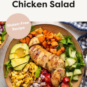Grilled chicken salat with corn, avocado, red onion, tomatoes, cucumber and sweet potatoes.