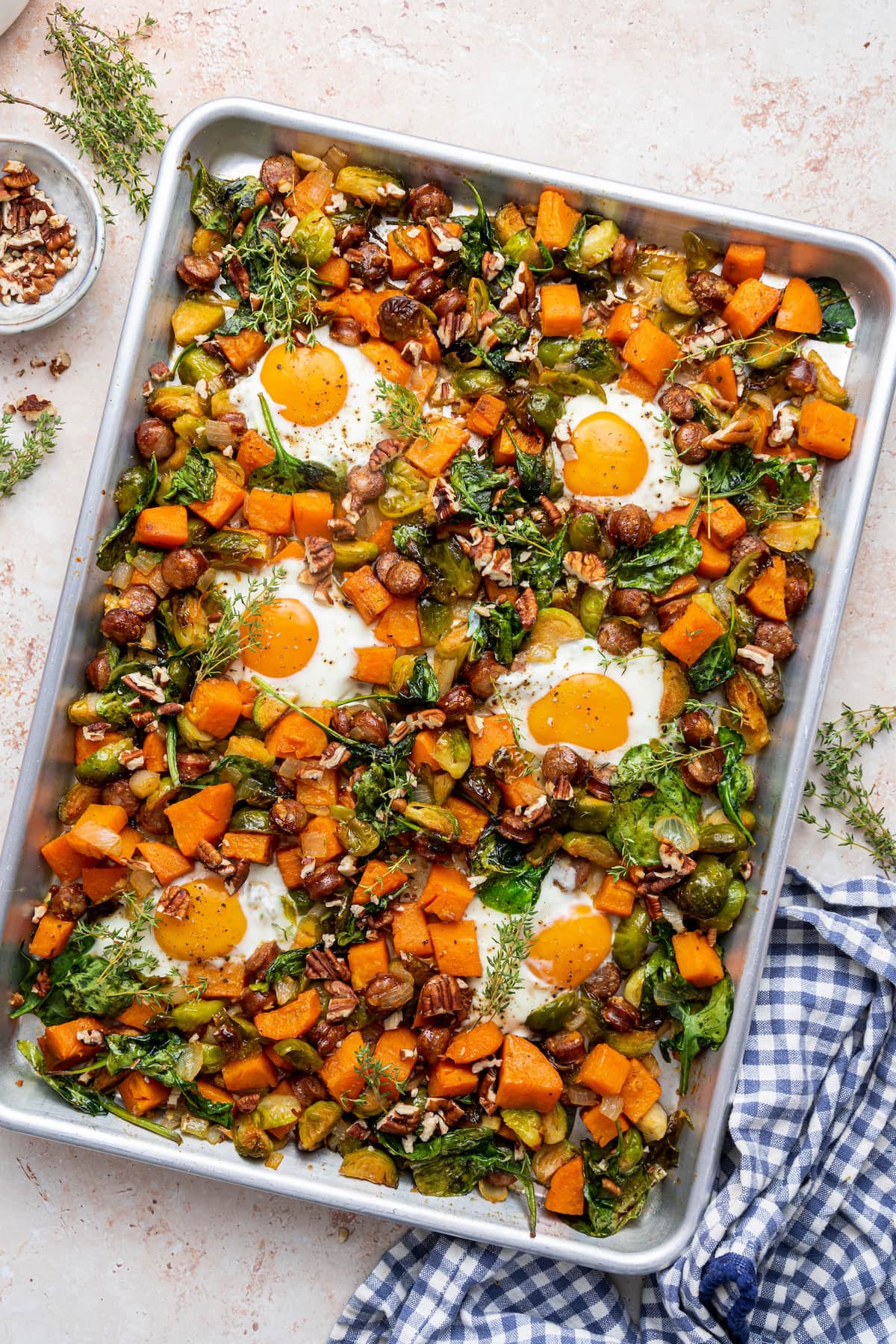 Sweet potato hash on a baking tray.